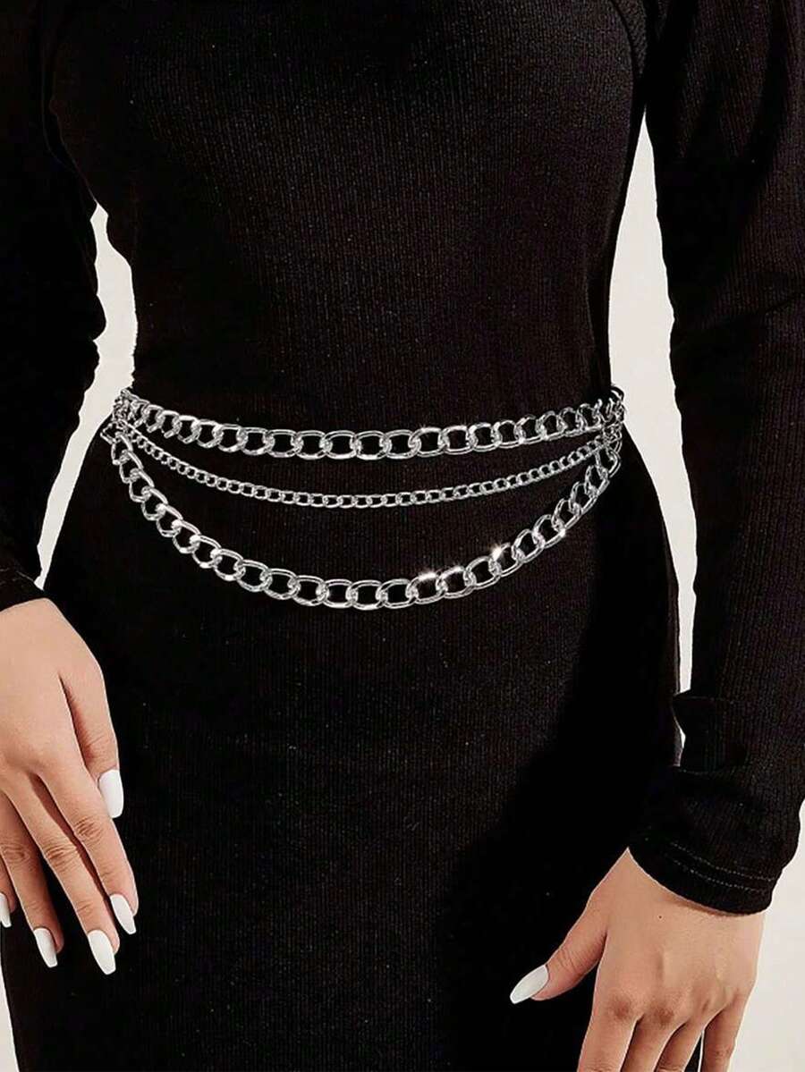 1件装女士时尚多层金属链流苏腰链/身体链饰品，适合个性化街头风格、节日、度假、派对搭配 - 銀色 - 查看 1