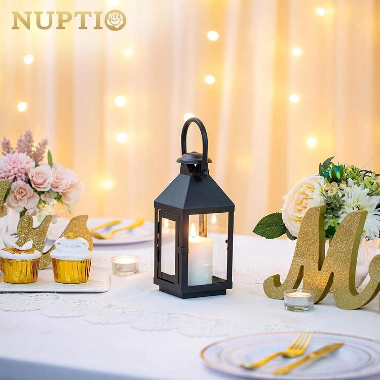 - Faroles de jardín para velas, 20 cm de alto, estilo clásico, portavelas de metal, para Halloween, candelabros decorativos colgantes para bodas, fiestas de Navidad, interiores y exteriores - 1 - Añade 4