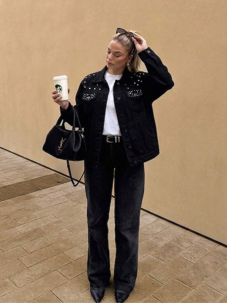 pthirillo Women's Black Denim Jacket, Maxi Oversized, 100% Cotton, Long Sleeve, Premium Style | Basic Or With Rhinestones, Party/Evening Look - Fees and Rhinestones Up - View 1
