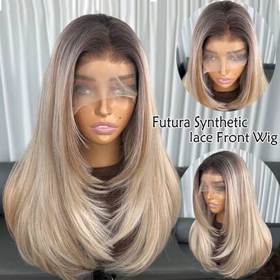 Kanekalon Futura Hair Blonde Ombre 13x6 Synthetic Lace Front Wigs For Women 20 Inch Medium Long Wavy Curtain Bangs Glueless Kanekalon Hair Resistant Synthetic Hair Wigs Middle Part 150% Density HD Transparent Wear And Go Wigs Heat Resistant Fiber Wigs For Women Daily Party Vacation Holiday Use