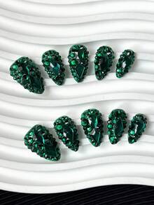 Y2K 奢华绿色全钻 24mm 杏仁形手工美甲贴纸，手工打造 3D 全钻设计，闪亮耀眼，奢华钻石装饰，优雅百搭，时尚创意，适合婚礼、派对、户外、海滩、日常、节日、聚会、工作和特殊场合 - 10 片/包 - 綠色 - 查看 5