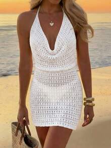 女士夏季透视镂空露背针织沙滩罩衫连衣裙，轻盈性感度假风 - 白色 - 查看 3