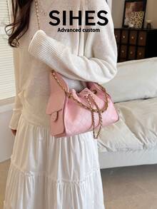 1 pièce Sac à dos en PU de couleur unie pour femmes, sac bandoulière. Design seau à la mode, sangle réglable. Convient aux filles, étudiantes, jeunes professionnels, bureau, travail, affaires, déplacements, shopping - Rose bonbon - Voir 10