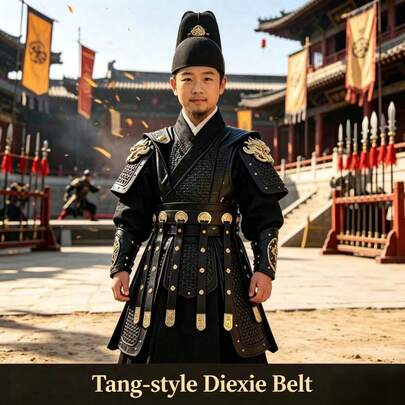 1Pc Seamless Diexie Belt, Gold Flower PU Leather Hanfu Waist Strap, Vintage Cosplay Belt For Hanfu Robe, Black