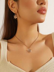 3 piezas Elegante conjunto de collar y aretes con flores brillantes, Exquisito collar tipo choker creativo y aretes, Adecuado para fiestas en la playa y vacaciones, Regalo perfecto de vacaciones para mujeres - Amarillo Oro - Ver 5