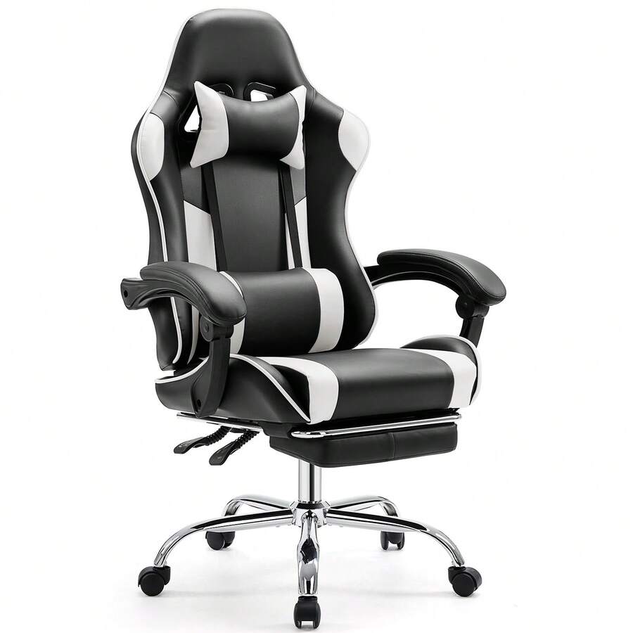 Ideo Game Desk Chair - Ergonomic Computer With Footrest And Comfy Lumbar Support, PU Leather Recliner With Headrest, Fixed Up Armrest - Black and White - View 1