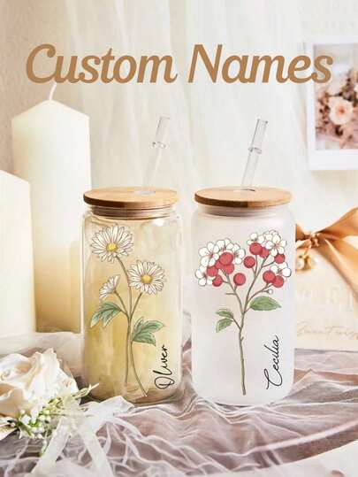 Mug personnalisé avec fleur de naissance, tasse à café personnalisée avec fleur de naissance et nom, tasse à café en verre personnalisée, tasse à café glacé personnalisée, verre avec couvercle et paille, cadeau pour demoiselle d'honneur, facile à nettoyer, haute qualité, unique, cadeau idéal pour petite amie, petit ami, père, voyage, stockage