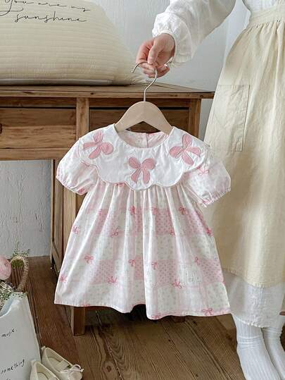 1pc Toddler Girls' Pink Bow Embroidery Collar Short Sleeve Casual Dress, Butterfly & Ditsy Floral, Comfortable For Summer