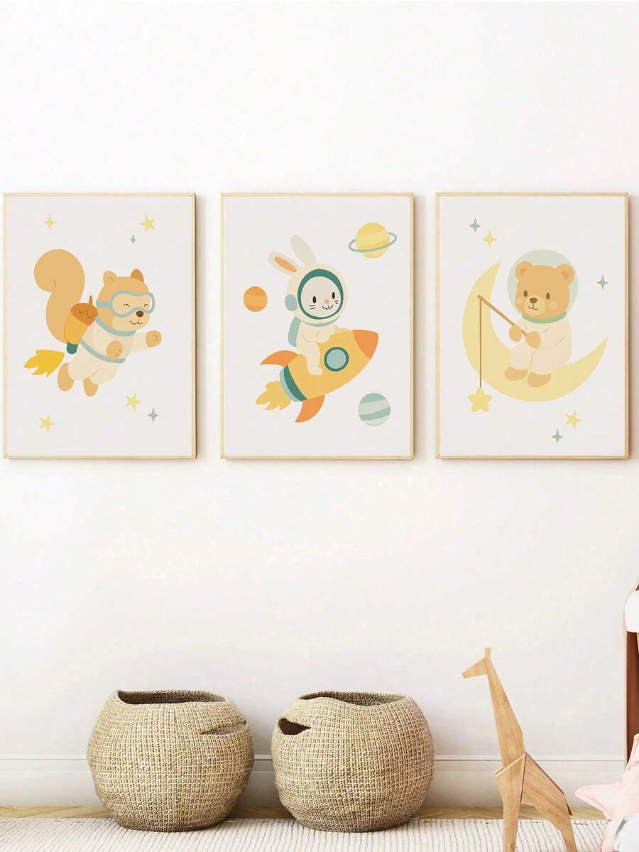 1幅装裱帆布墙画,宇航员动物油画,儿童房装饰画,太空主题兔子和熊图案,儿童房墙面装饰,室内海报,婴儿房装饰,游戏室海报,儿童礼物,新生儿礼物,温馨装饰,太空主题卧室 - 彩色 - 查看 1