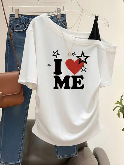 1. Áo thun trễ vai kiểu Nhật Bản ngọt ngào in chữ "I Love ME", mẫu mới mùa hè, tay ngắn màu trắng ôm sát, xếp ly bên hông. 2. Áo thun trễ vai kiểu Mỹ retro in hình trái tim và ngôi sao, áo ngắn đa năng mùa hè, thắt eo.