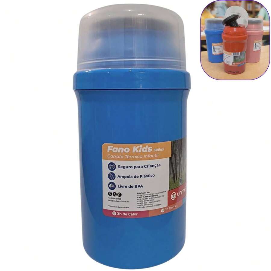 Garrafa térmica infantil pequena Garrafinha térmica lancheira fano kids Unitermi - Azul - Visão 1