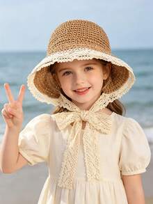 1pc Kids Breathable Lace Trim Bow Sun Hat, Outdoor Beach UV Protection Hat - Khaki-lace - View 2