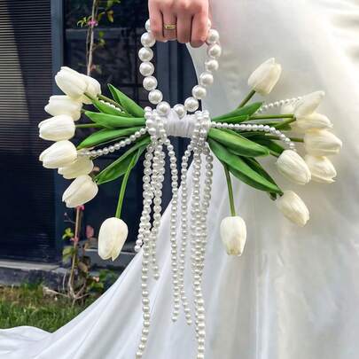 1pc Elegant White Tulip Bridal Bouquet, Decorated With Pearls And Bow, Artificial Wedding Bouquet, Mother's Day Gift, 6-Month Flower Arrangement, Wedding Photography Prop, Outdoor Wedding Floral Decor