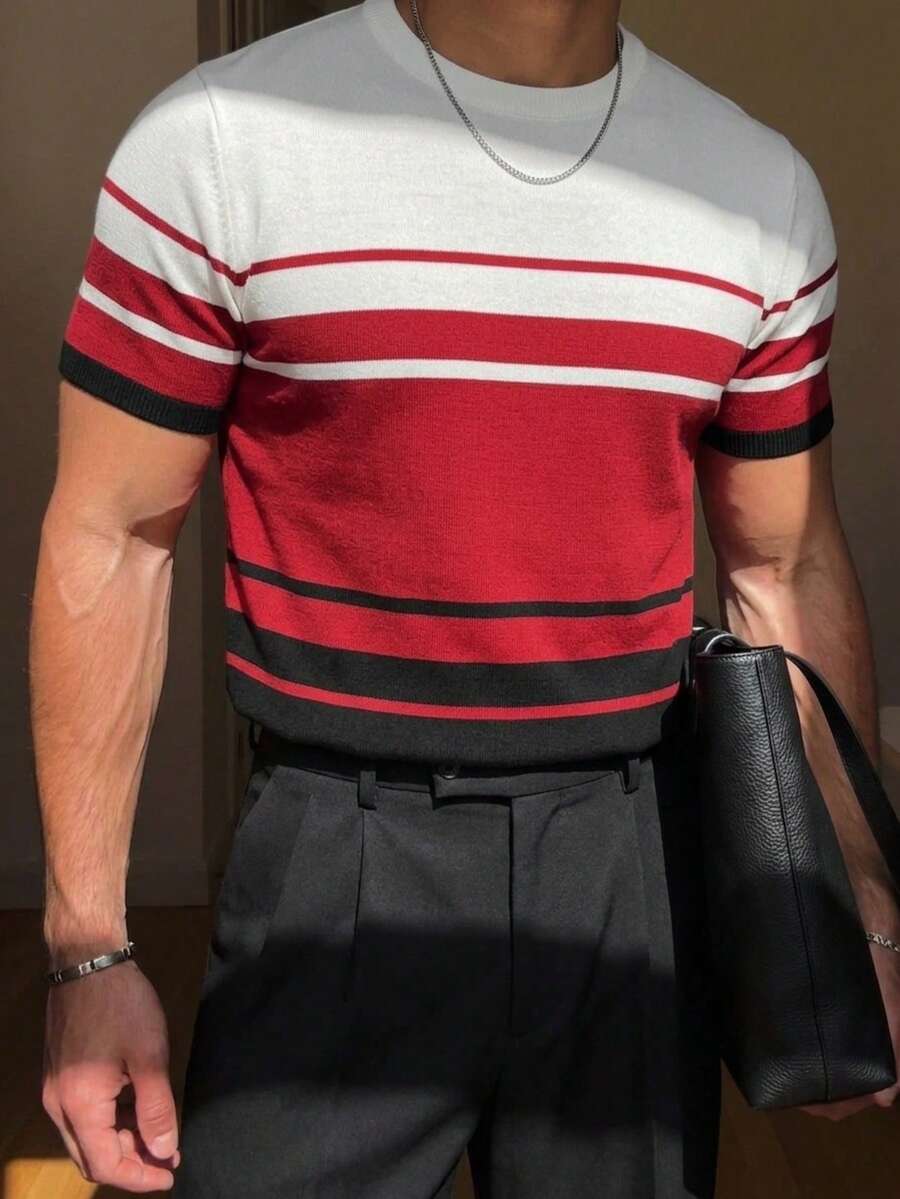 Men's Summer Round Neck Solid Color Short Sleeve Knit Sweater, Suitable For Summer Outings, Essential For Fashionable Styling - Burgundy - View 1