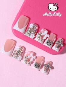 Sanrio Hello Kitty 24片中號鴨子造型白色法式指尖穿戴甲，附可愛3D Hello Kitty、粉色蝴蝶結、鑽石星星、十字架、水鑽與花朵設計，完美貼合假指甲套組，適合女性與女孩日常及派對使用 - 彩色 - 查看 2