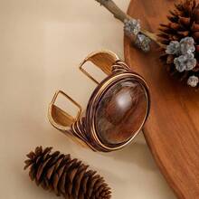 1pc Bohemian Style Resin Stone Statement Cuff Bracelet, Gold & Brown Wire Wrapped Bangle For Women, Party & Vacation Wear - Coffee - View 7