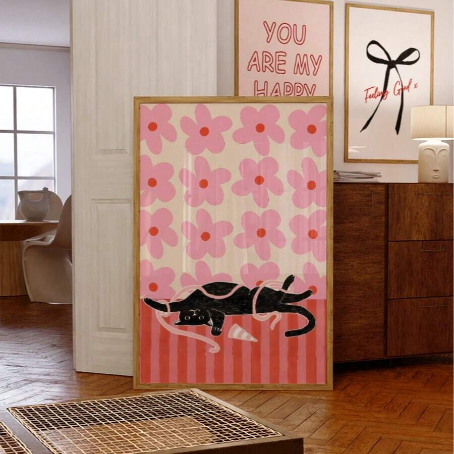 1pc Frameless Funny Cute Cat Wall Art Canvas Poster Print Cat Lover Decor For Living Room, Bedroom, Dorm Room Decor - Cat - View 1