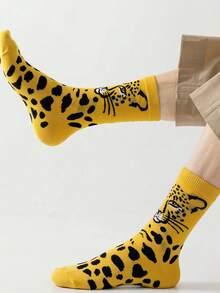 GNIM HL 1双男士黄色豹纹纯棉船袜，新奇动物图案街头滑板袜 - 黃色 - 查看 3
