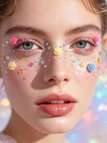 1pc Macaron Rose Starry Face Decorative Rhinestone Sticker, Colorful Soft Gel Rose + Holographic Star Rhinestone Design, Waterproof & Long-Lasting, Suitable For Hanfu, Sweet Girl, Music Festival Makeup,Concert Look,Face Gems,Rhinestone Face Sticker - Multicolor - View 5