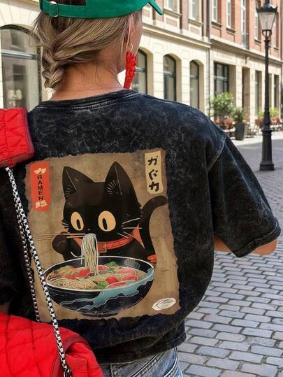 女士圆领短袖T恤，夏季新款卡通猫咪图案印花，休闲宽松百搭上衣，时尚日常穿着