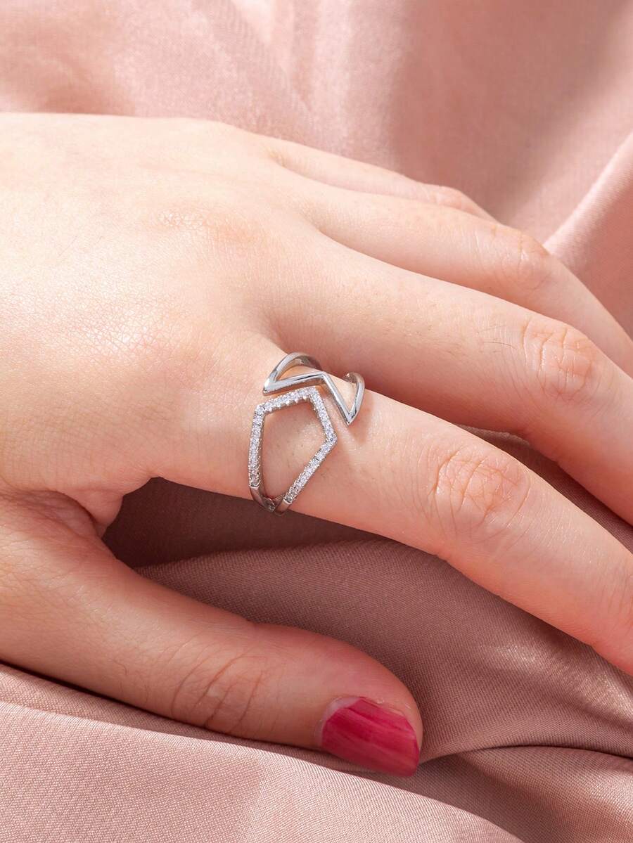 Nhẫn hở điều chỉnh được hình tam giác hình học khảm vi mô, 1 chiếc, phụ kiện đeo hàng ngày cho thiếu nữ, quà tặng. - Bạc - Xem 1