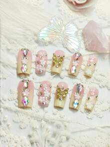 10pcs Handmade Press On False Nails Medium Square Ombre Pink Nude 3D Floral Nails Gold Butterfly Rhinestone Crystal Nail Charms Romantic Fairy Princess Style Wedding Date Valentines Daily Wear Unas Postizas - 粉色 - 查看 4