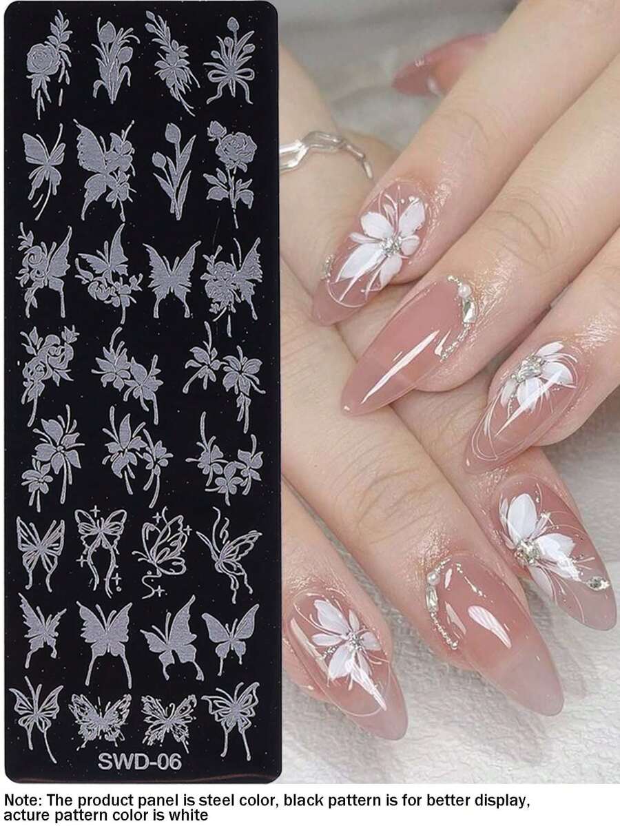 1pc Flowers Nail Art Stamping Nail Stamp Template Butterfly Floral Spring & Summer Design Nail Stencil Metal Stainless Steel Template Reusable Manicure Salon Tool For DIY - Silver - View 1