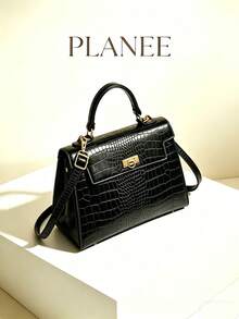 Bolso de hombro tipo tote con estampado de cocodrilo, bolso versátil para mujer - Negro - Ver 8