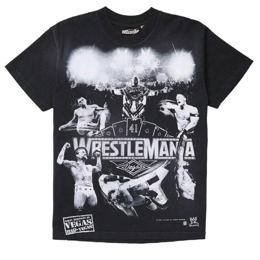 HELLSTAR Men's WWE WrestleMania Vegas Graphic Oversized T-Shirt, Casual Cotton Short Sleeve Tee - màu đen - Xem 1