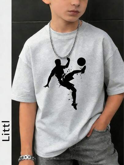 Boys Casual Football Print T-Shirt, Heather Grey Crew Neck Short Sleeve Tee, Everyday School & Playwear Top For Toddler Boys