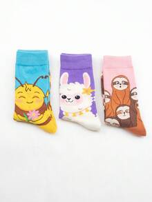 1/3双卡通动物图案中筒袜，ins风，趣味可爱，图案包括蜜蜂、羊驼和树懒，柔软舒适，适合女孩和学生日常穿着，四季皆宜，情侣也可搭配休闲装。 - 彩色 - 查看 5