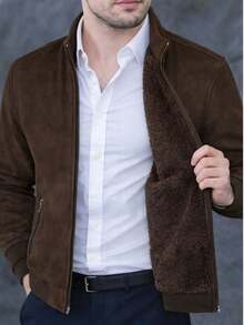 Chaqueta de Gamuza Sintético para Hombres, Afelpada por Dentro, Chamarra Piel Sintética - Café oscuro - Ver 3
