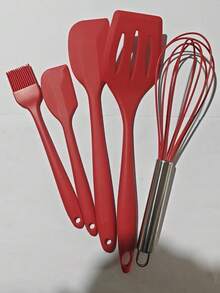 一套亮红色硅胶厨房用具，包括：油刷、大号铲子、小号铲子、打蛋器、食物夹和奶酪切片器，耐热烘焙工具，适用于蛋糕、奶油、奶昔和日常烹饪。 - 彩色 - 查看 13