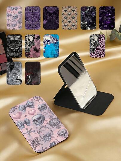 1pc Gothic Y2K Style Skull Series Compact Makeup Mirror, Foldable, Lightweight, Ultra-Thin, Durable PU Leather, Suitable For Various Occasions Like Travel, Party, Work, School, Suitable For All Ages