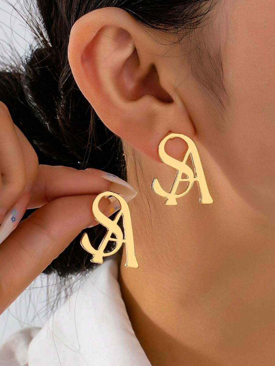 1 Pair Fashionable Geometric Versatile Earrings For Women - Gold Irregular A-letter Stud Earrings - View 1