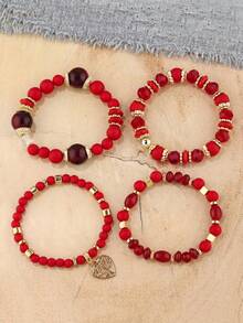 4pcs/Set Bohemian Style Mixed Hollow Heart Pendant Bracelets, Multi-Layer Elastic Cord Beaded Bracelets, Suitable For Women's Daily, Party, Date, Travel Wear - Red - View 2