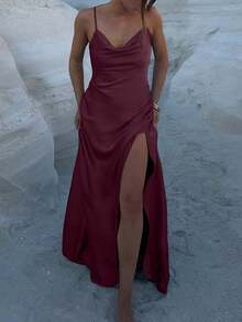 Women's Spaghetti Strap Ruffled Neck Backless A-Line Dress, Elegant Resort Dress, Afternoon Tea Party Dress Summer - Burgundy - View 4