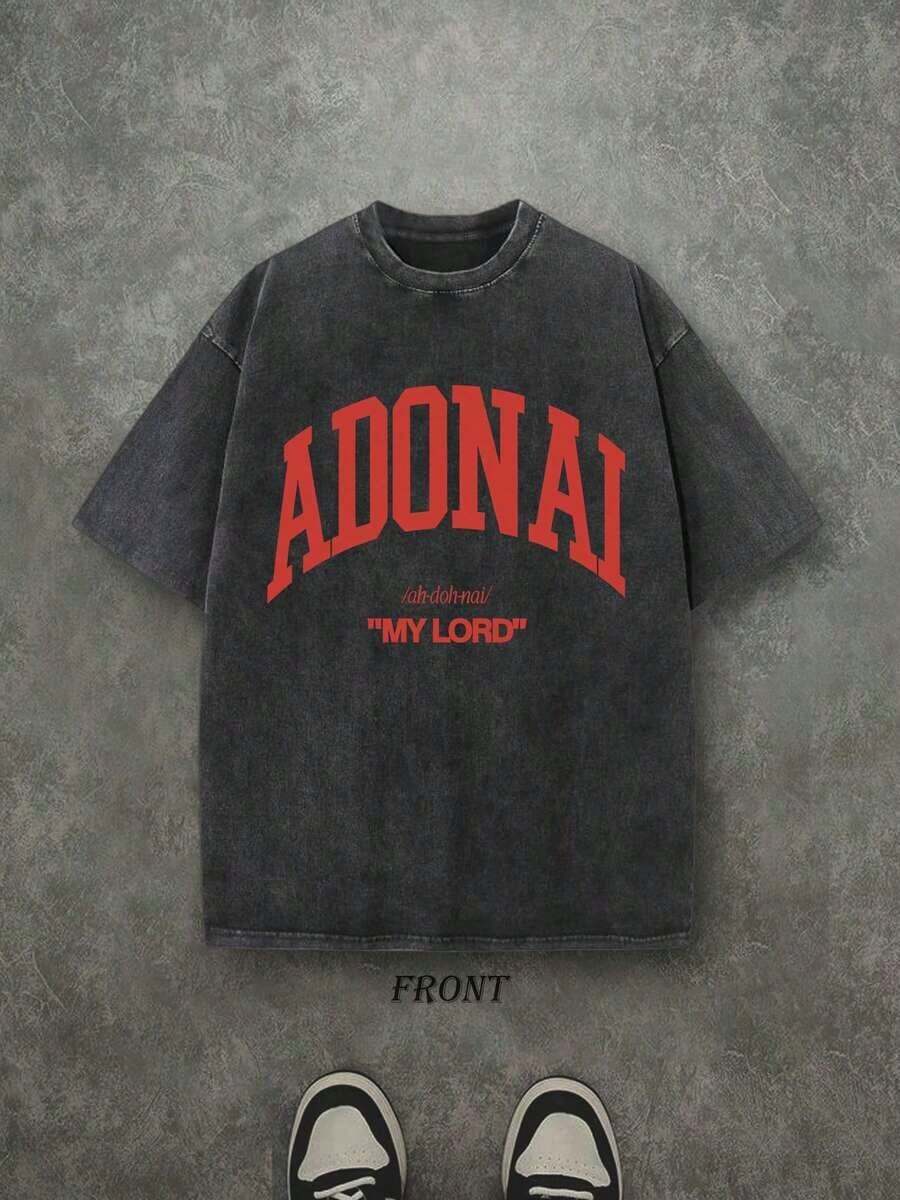 Retro Washed T-Shirt, Single-Sided Print (230 Pure Cotton T-Shirt) 'ADONAI MY LORD' Letter And Pattern Print, Men's T-Shirt, Casual Men's Shirt, Comfortable, Fashionable T-Shirt, Cotton Streetwear - 黑色 - 查看 1