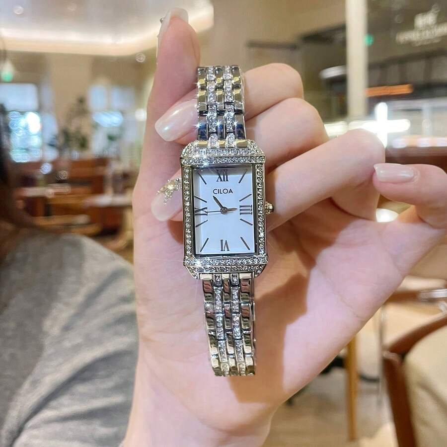 1件CILOA新款时尚奢华长方形水钻不锈钢表带防水石英女表，适合日常佩戴和派对场合