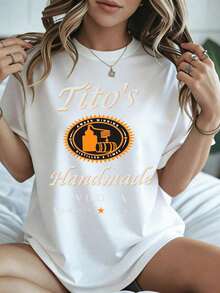 1 camiseta de verano con estampado del logo de Tito's Handmade Vodka, Austin, Texas, ropa casual negra para mujer, temporada de verano, 180g, 100% algodón. - Blanco - Ver 1
