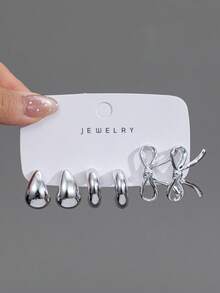 4/6/16pcs Fashion Earring Set, Exaggerated Eternal Flower Super Large C-Shape Left & Right Flower Series Earrings, Suitable For Daily And Festival Wear For Women. This Product Is Made Of ABS Resin Material With UV Gold Plating That Won't Fade. - Silver - View 2