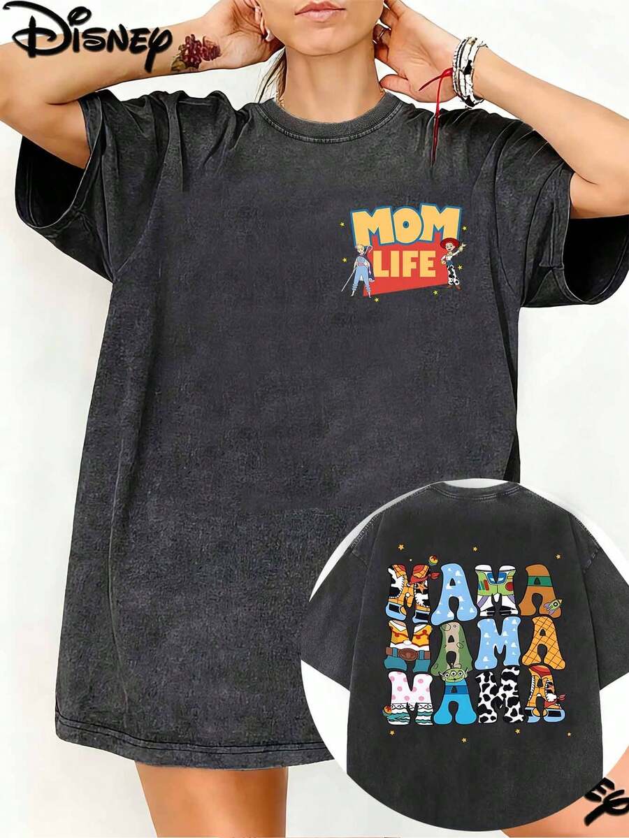 Disney Official License, Toy Story, Mom's Life, Characters And Letters, Double-Sided Printing, 100% Cotton, Round Neck T-Shirt, Family Travel Style, Casual Wear, Spring And Summer Tops, Movies Merch, Large Size Washed Vintage T-Shirts, Mother's Day Gifts, Holiday Gifts. - 黑色 - 查看 1
