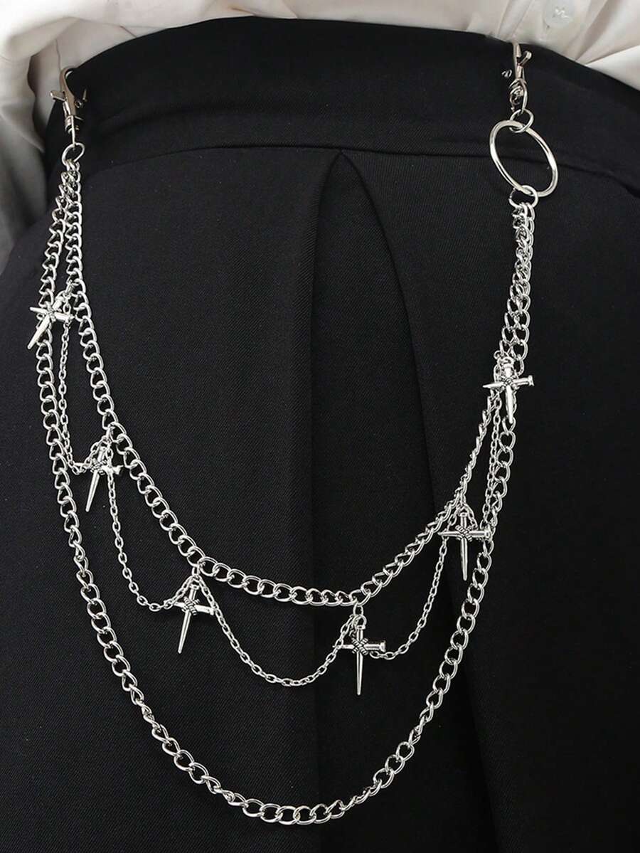 1 chiếc mặt dây chuyền hình thánh giá bằng kim loại phong cách Punk Hip Hop, dây đeo quần hình tròn thời trang đa năng. - Bạc - Xem 1