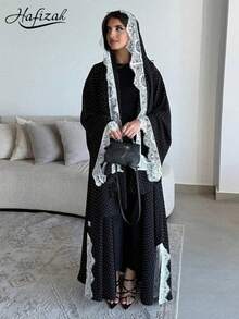 Áo Abaya chấm bi ren dành cho nữ, kiểu dáng thường ngày, đa năng, thích hợp cho dự tiệc và du lịch, kèm khăn trùm đầu. - màu đen - Xem 2