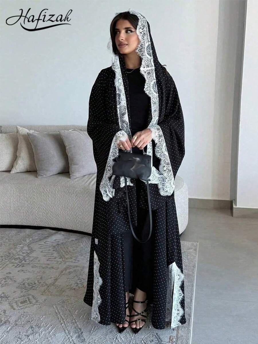 عباءة نسائية كاجوال متعددة الاستخدامات للحفلات والسفر مع وشاح رأس، بنقشة نقاط وتطريز دانتيل، باللون الأسود للربيع