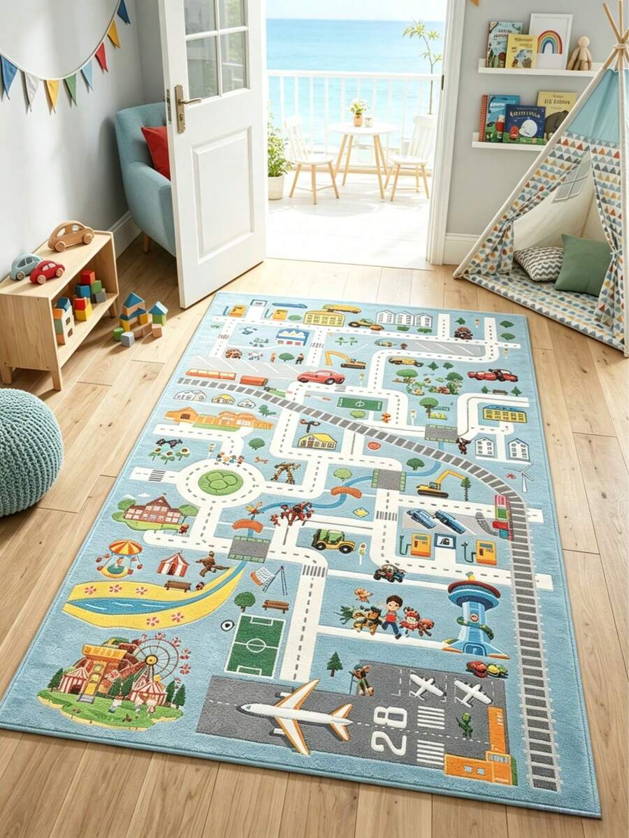 1pc Blue Road Map Design Decorative Floor Mat, Cute Decor Rug, Decorative Carpet, Playful Game Mat, Bedroom Decor, Small Rug, Carpet, Home Decor, Outdoor Rug, Washable Carpet - Multicolor - View 1