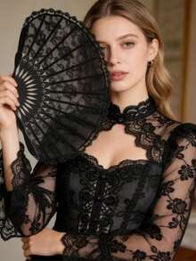 1pc Happy Feather Lace Fan With Folding Handheld, Embroidered Flowers Pattern Hand Fans For Wedding Bridal Tea Dancing Party - Multicolor - View 1