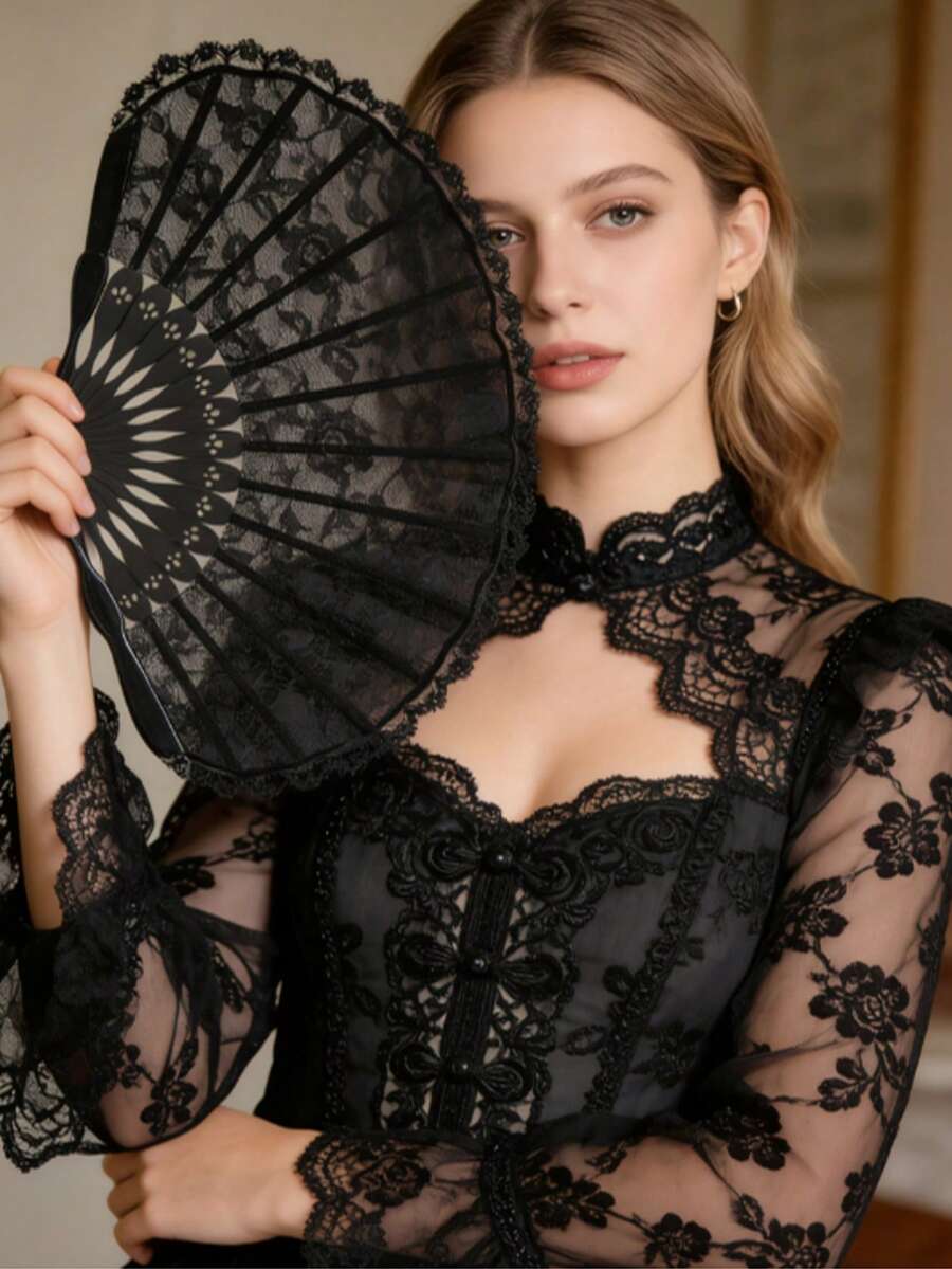 1pc Happy Feather Lace Fan With Folding Handheld, Embroidered Flowers Pattern Hand Fans For Wedding Bridal Tea Dancing Party - Multicolor - View 1