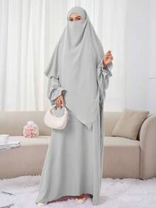 Set de 2 piezas Vestido de oración de unicolor elegante para mujeres musulmanas con pañuelo a juego de una sola capa, Abaya clásica y versátil para uso diario, salidas, oración, artículo esencial de viaje, toalla de playa - Multicolor - Ver 24