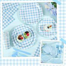 C175 Pcs Gingham Paper Plates Boy Baby Shower Decorations Include Blue Gingham Plates And Napkins Cups Disposable Blue Dinnerware For Picnic Wedding Birthday1 - light blue - 查看 5